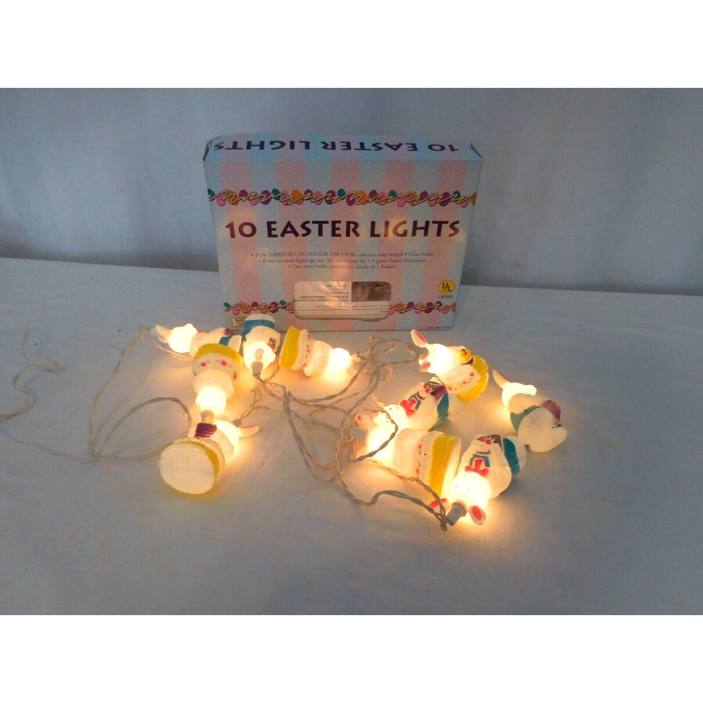 Easter Set of 10 Pastel Multi-Color‎ Rabbits Spring Lights  White Wire Vintage